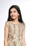 Beige Floral Printed And Pleated Casual Dress For Girls