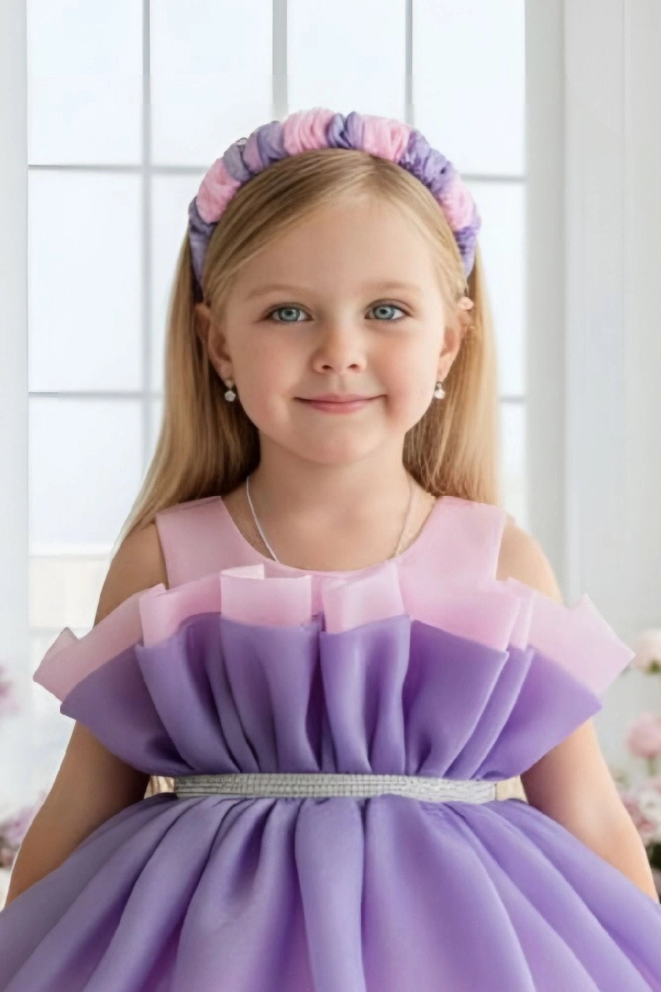 Lavender And Pink Layered Party Frock With Tailback For Girls
