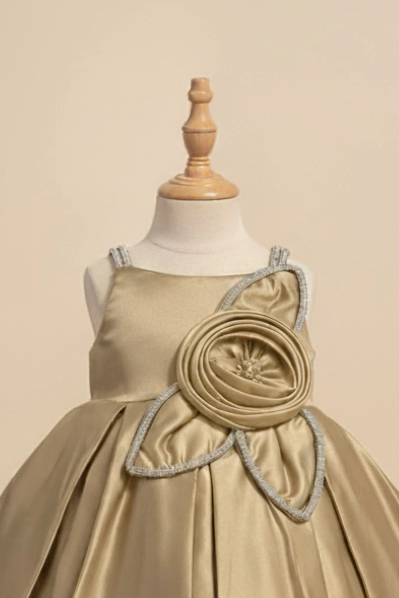 Fawn Party Frock with Floral Rosette and Embellished Strap Detailing For Girls
