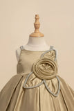 Fawn Party Frock with Floral Rosette and Embellished Strap Detailing For Girls