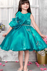 Teal Blue Party Frock With Big Flower and Butterfly Design For Girls
