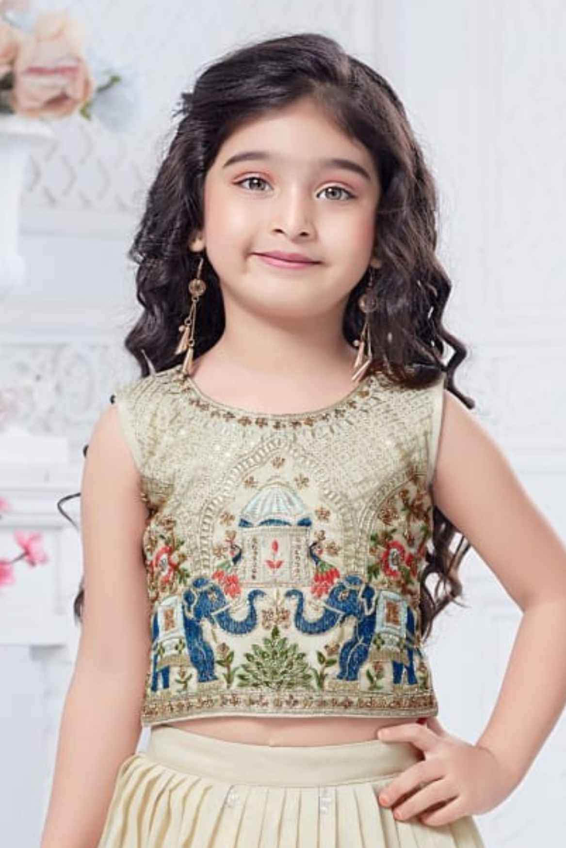 Cream Thread Embroidered Lehenga Choli Set For Girls