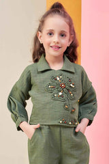 Green Calf Length Sleeves With Floral Embroidered Top And Pant Co-Ord Set For Girls