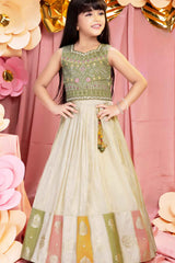 Pastel Green And Cream With Sequins Embroidery Pattu Pavadai Set For Girls