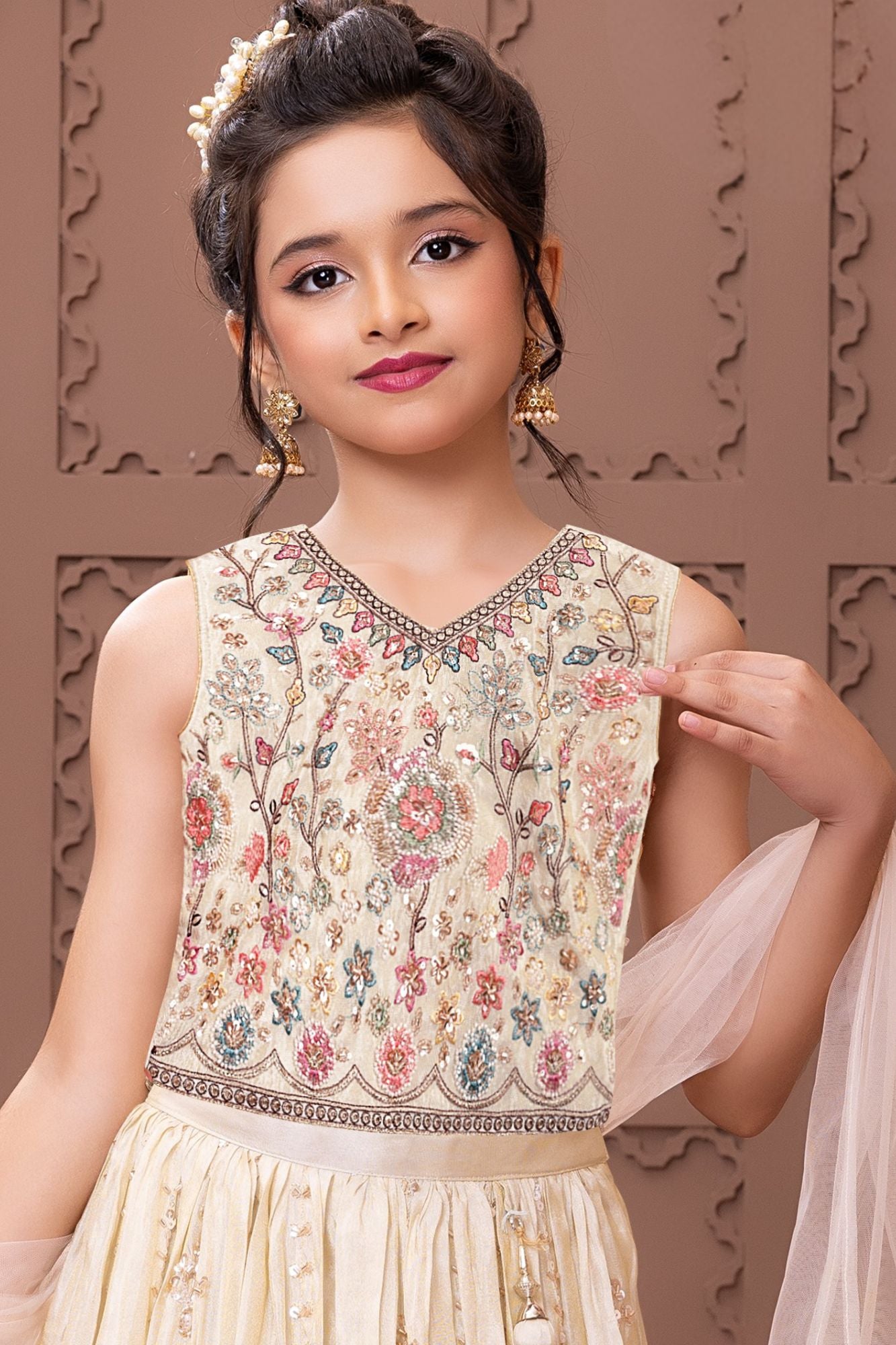 Cream Floral Embroidered Lehenga Choli with Dupatta for Girls