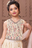 Cream Floral Embroidered Lehenga Choli with Dupatta for Girls