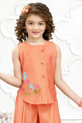 Orange Embroidered Work Palazzo Set With Sling Bag For Girls