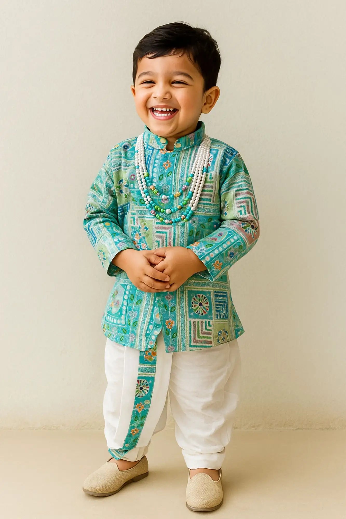 Aqua Blue Patchwork-Style Kurta with Cream Dhoti Set