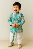 Aqua Blue Patchwork-Style Kurta with Cream Dhoti Set