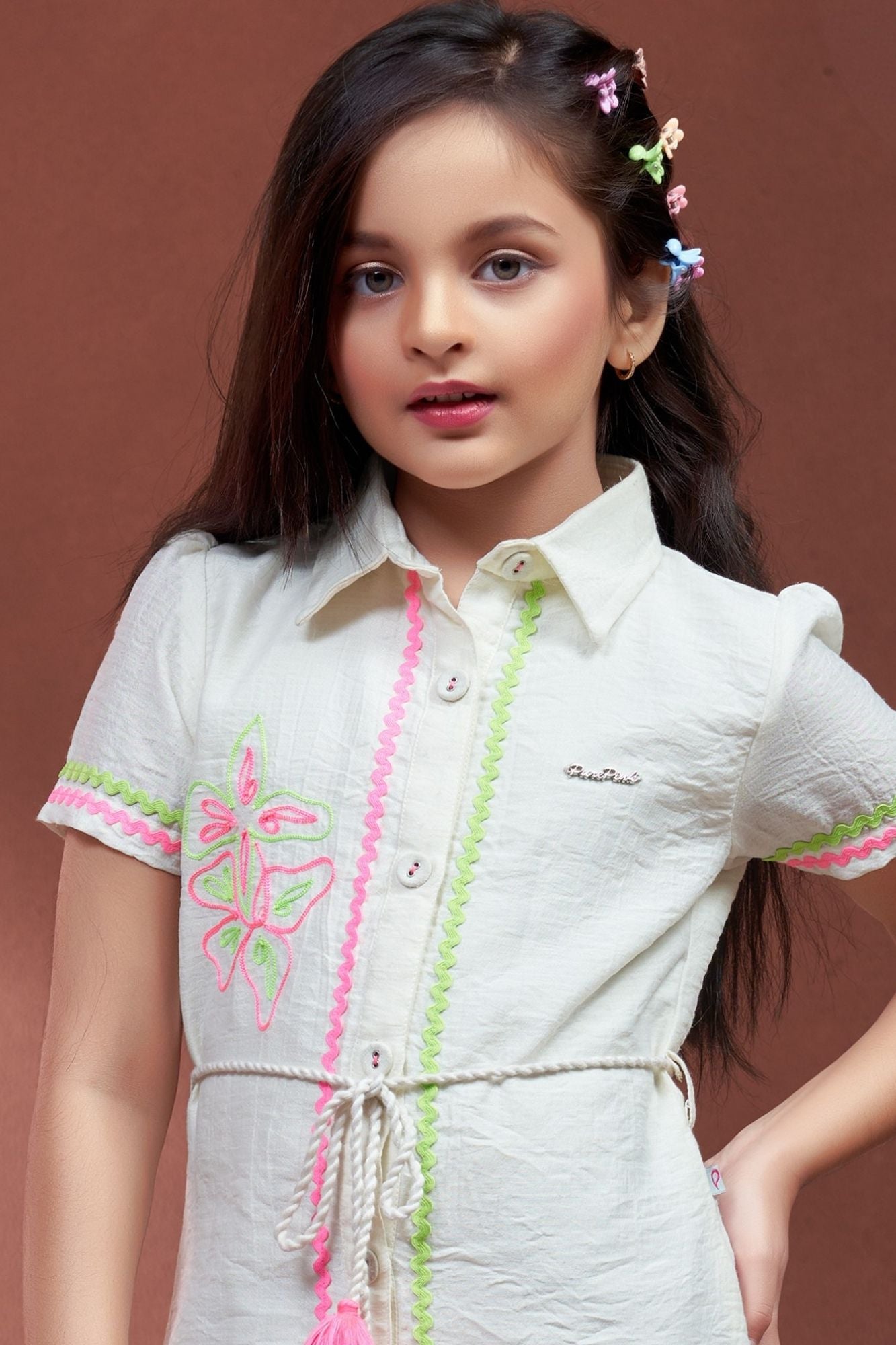 Girls Off-White  Shirt Dress with Neon Embroidery And Tassel Tie-Up Waist