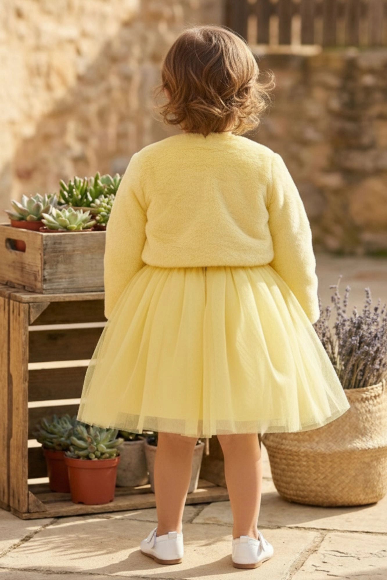 Yellow Party Wear Frock with Faux Fur Jacket For Girls