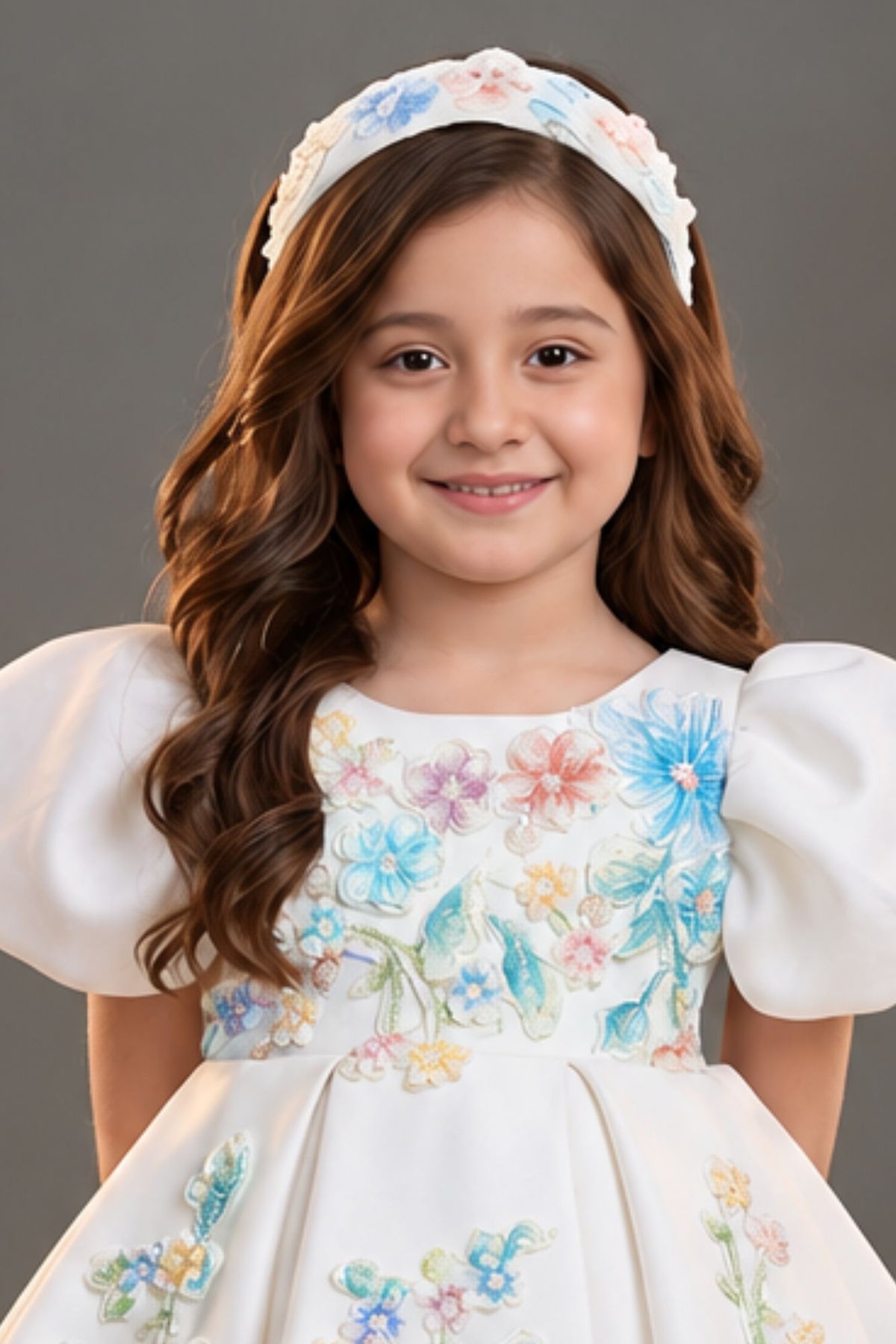 Girls White Floral Embellished Puff Sleeve Party Wear Frock