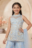Powder Blue Sleeveless Embroidered Palazzo Set For Girls