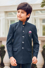 Classic Navy Blue Jhodhpuri Suit With Vertical Lines Set For Boys