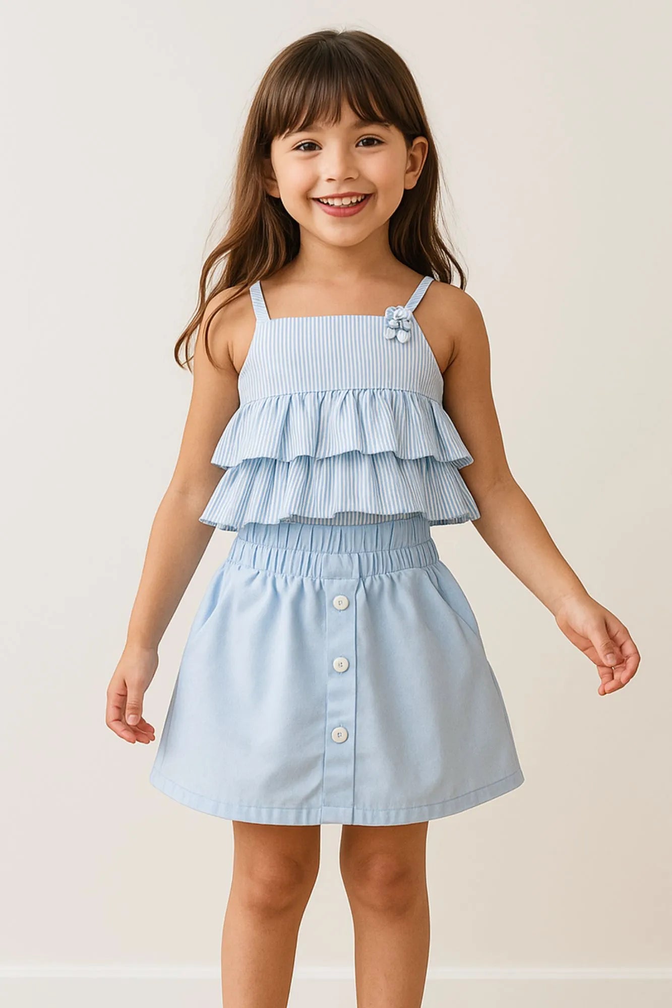 Powder Blue Ruffle Top and Skirt Co-ord Set For Girls