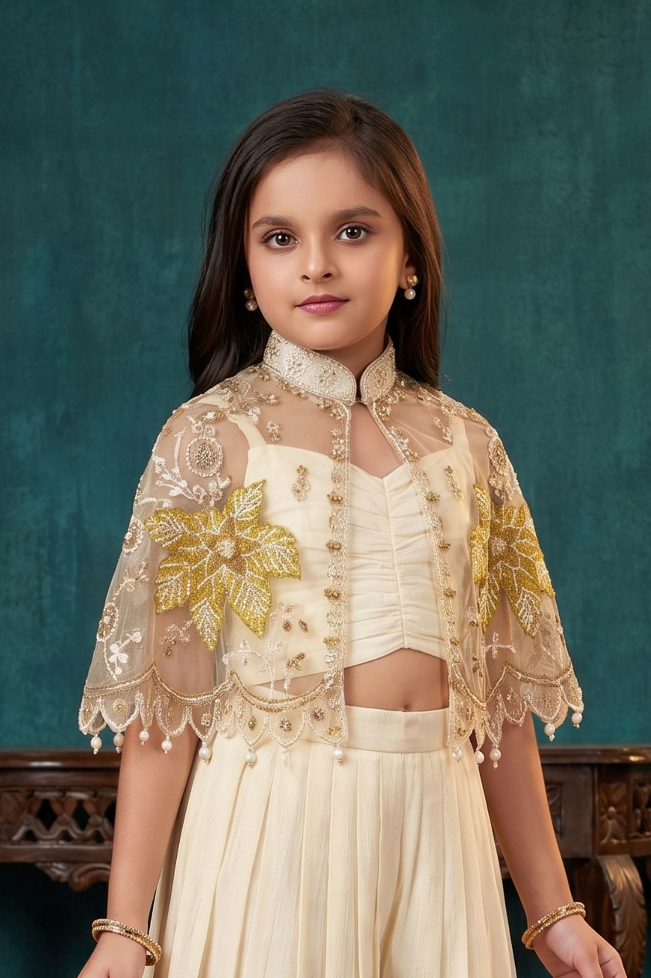 Cream Embroidered Cape Style Palazzo Set For Girls With Designer Jacket