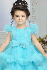 Blue Sequin Tailback Frock With Bow Embellished For Girls