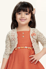 Girls Rust Orange Layered Frock With Lace Shrug And Floral Accent
