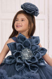 Teal Blue Tailback Frock With Floral Embellishments For Girls