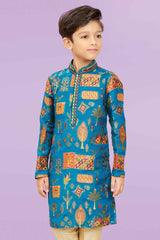 Teal Blue Kurta Set With Mirror Work And Printed For Boys