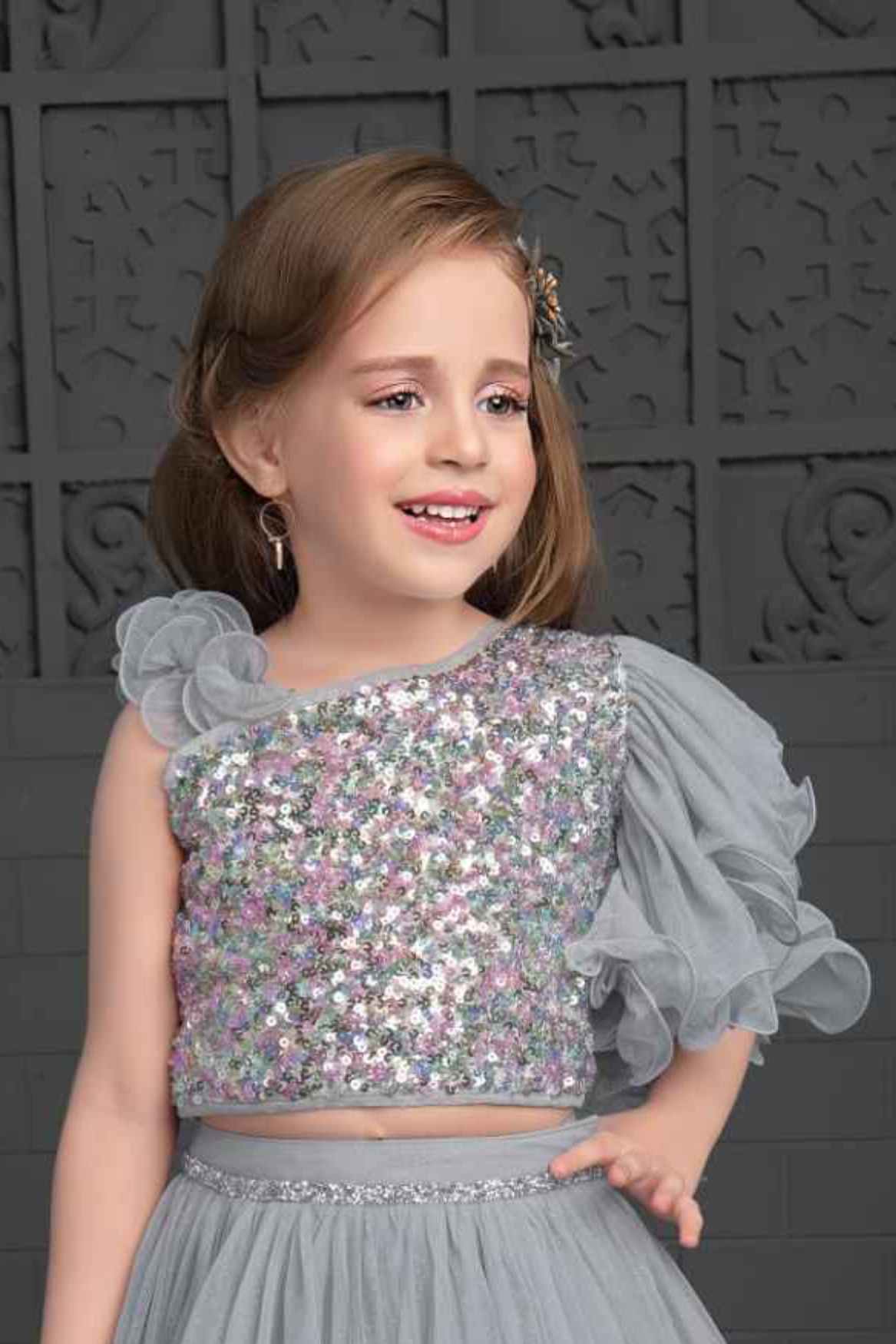 Grey Sequin Ghagra-Choli Set With Asymmetric Ruffled Sleeves For Girls