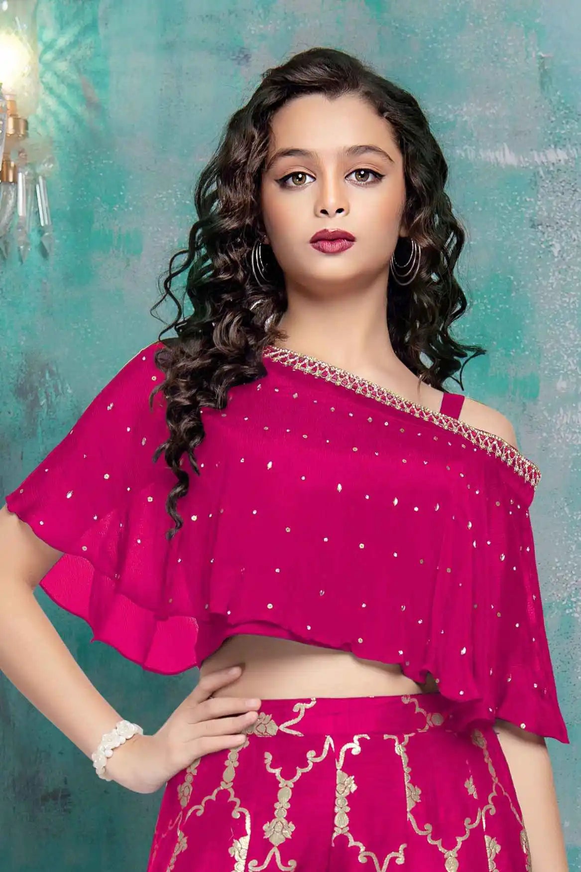 Rani Pink One-Shoulder Cape Top With Gold Foil Print Palazzo Set For Girls