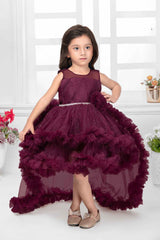 Wine Sleeveless And Floral Embellished Tail Back Frock For Girls