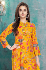 Yellow Printed Straight Kurta And Pant Set For Girls