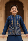 Navy Blue Kurta Pajama with Multicolored Embroidered Nehru Jacket Set For Boys
