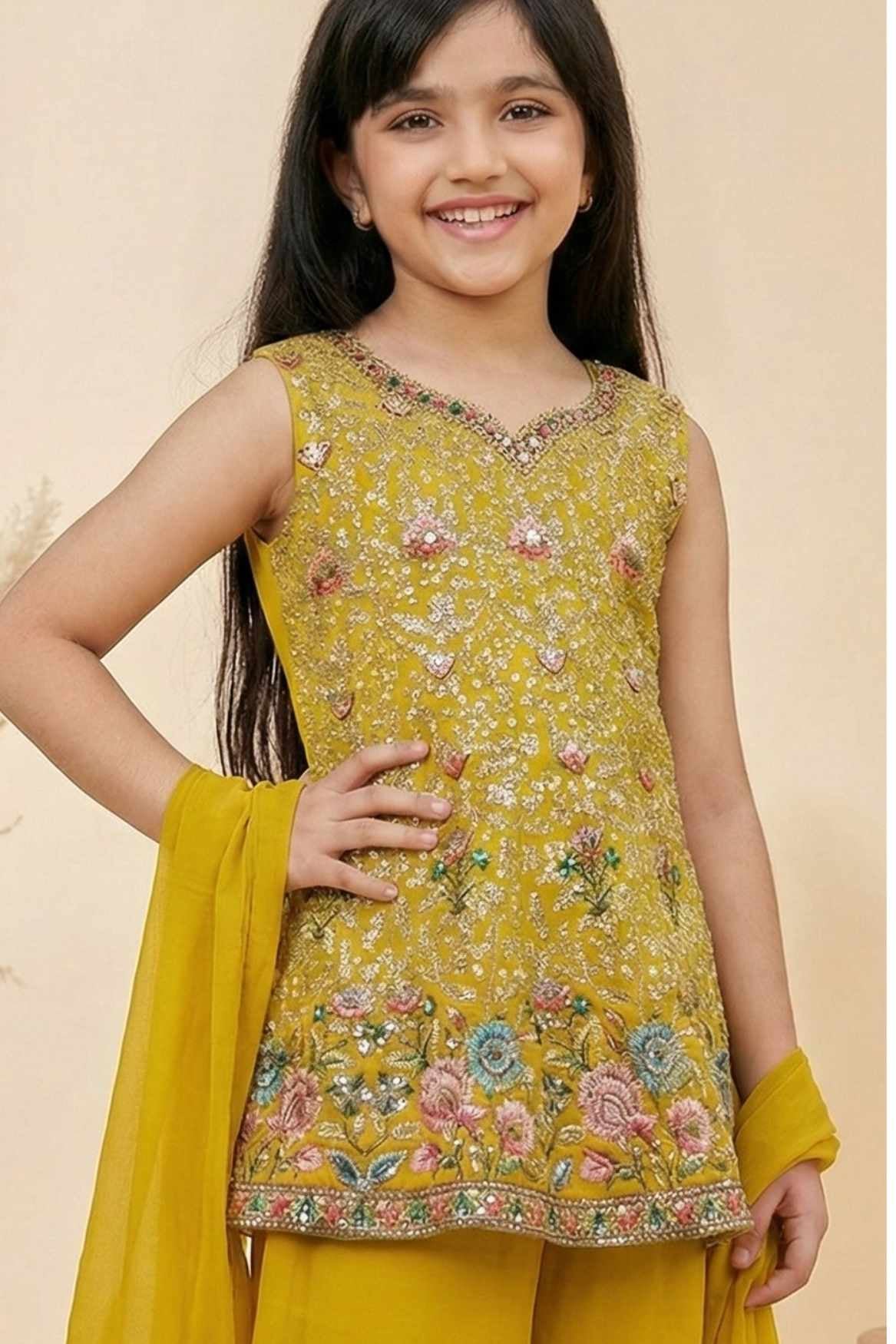 Mustard Yellow Embroidered Palazzo Set with Dupatta For Girls