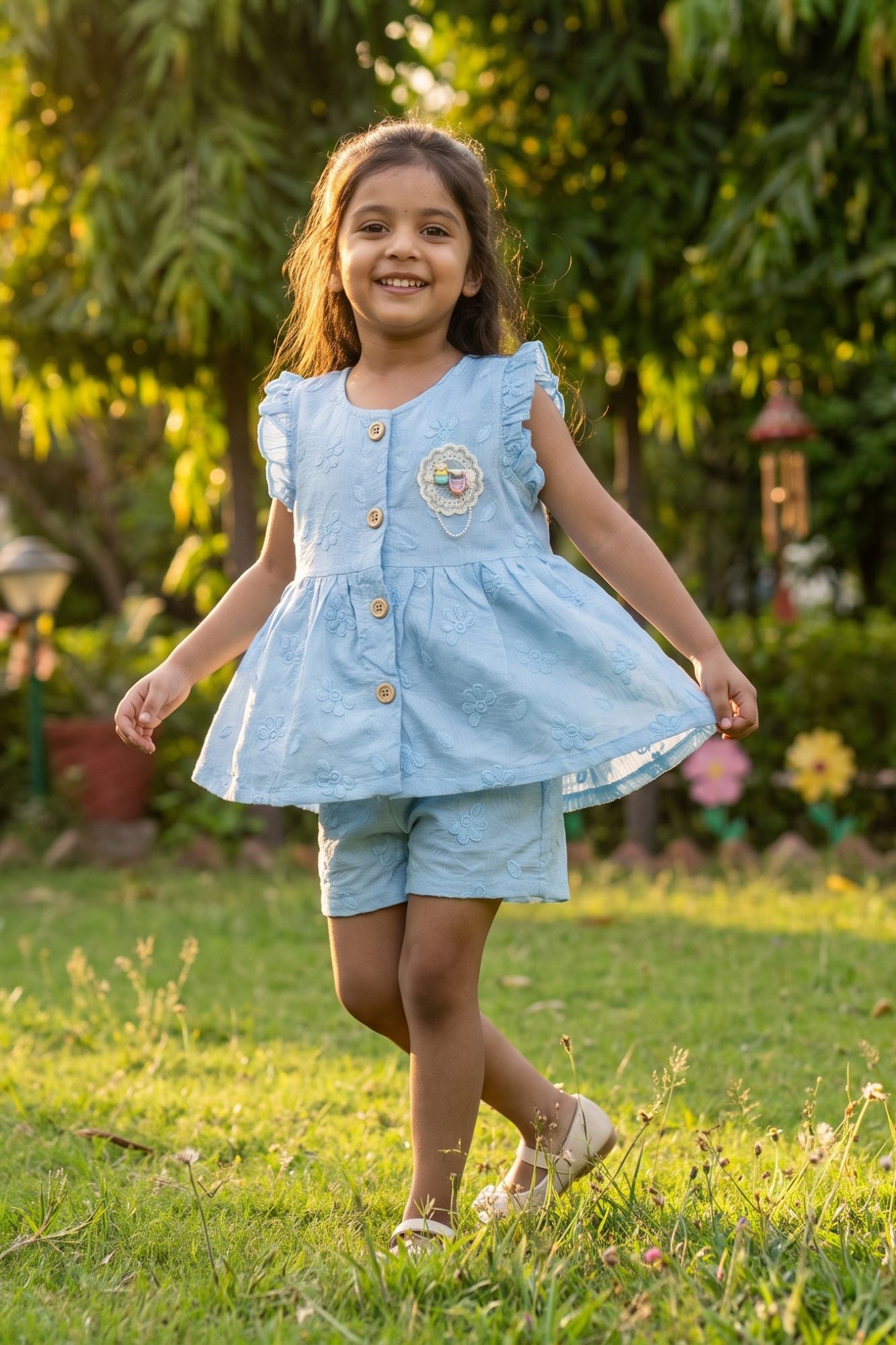 Charming Girls Sky Blue Textured Top & Shorts Set with Ruffle Details