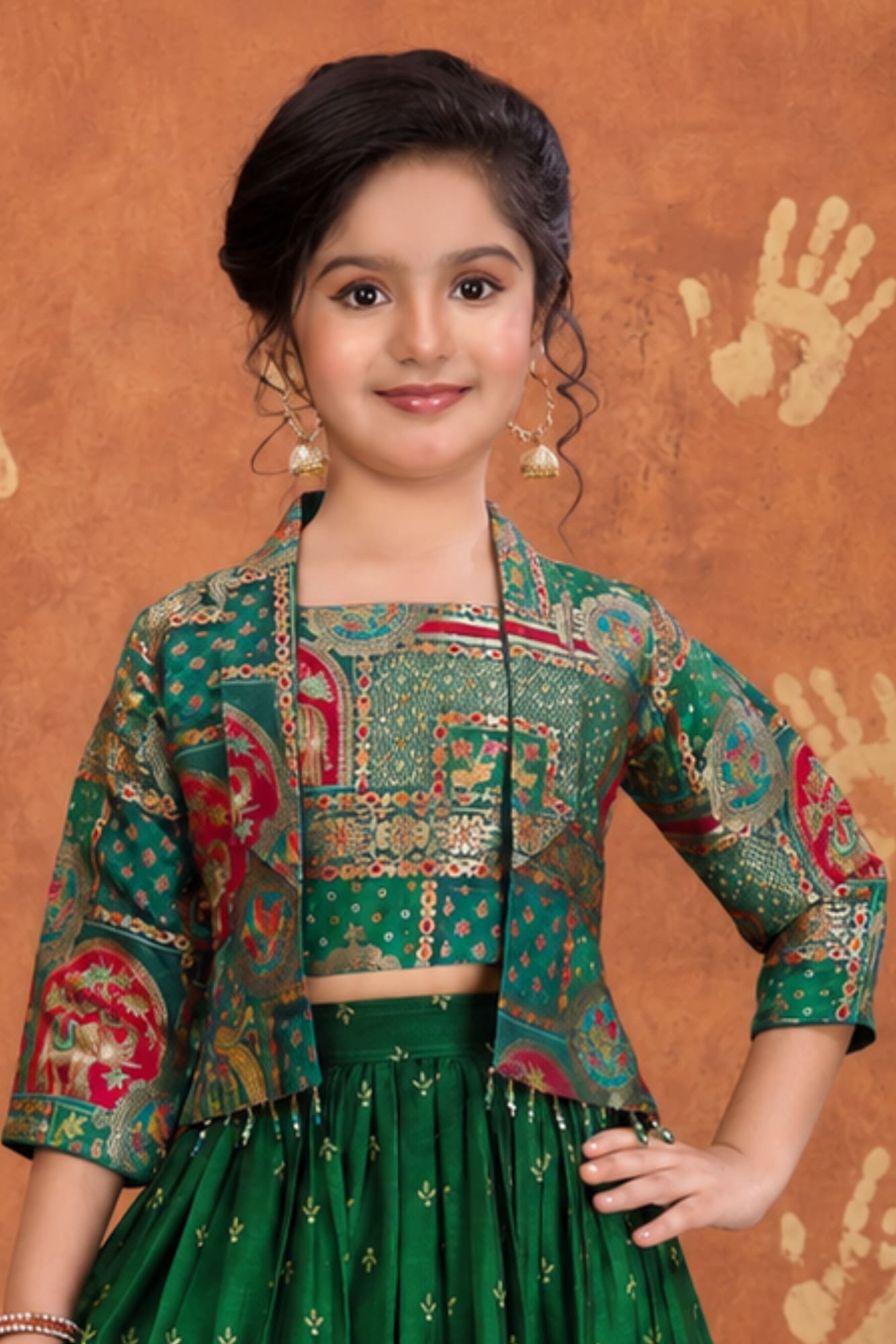 Girls Emerald Green Printed Palazzo Set with Jacket and Palazzo Pants