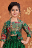 Girls Emerald Green Printed Palazzo Set with Jacket and Palazzo Pants