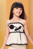 Cream Sleeveless With Black Flower Embellished Top And Pant Set For Girls