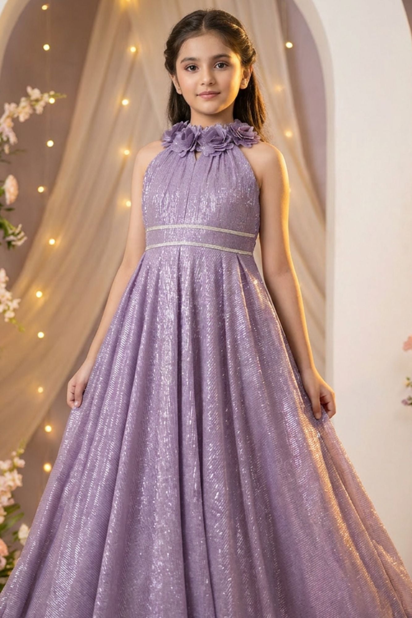 Lavender High-Neck Floral Emblished Party Gown for Girls