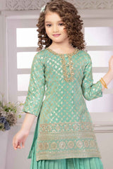 Sea Green Banarasi And Sequined Sharara Set For Girls