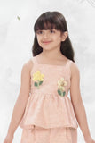 Peach Floral Co-ord Set with Peplum Top And Cropped Pants For Girls