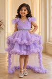 Lavender Layered Ruffle High-Low Party Wear Frock For Girls
