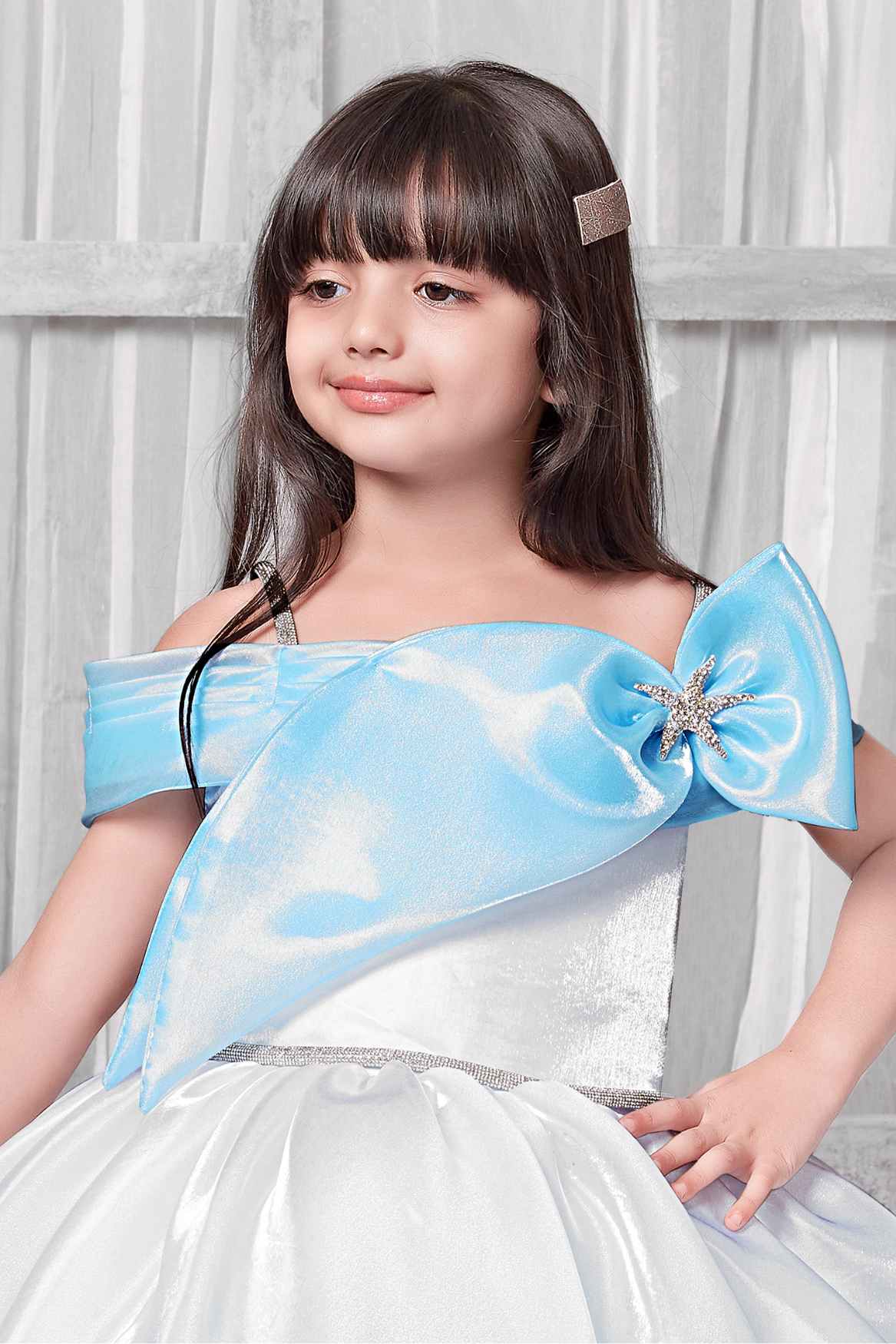 Blue And White Off-Shoulder Party Frock For Girls