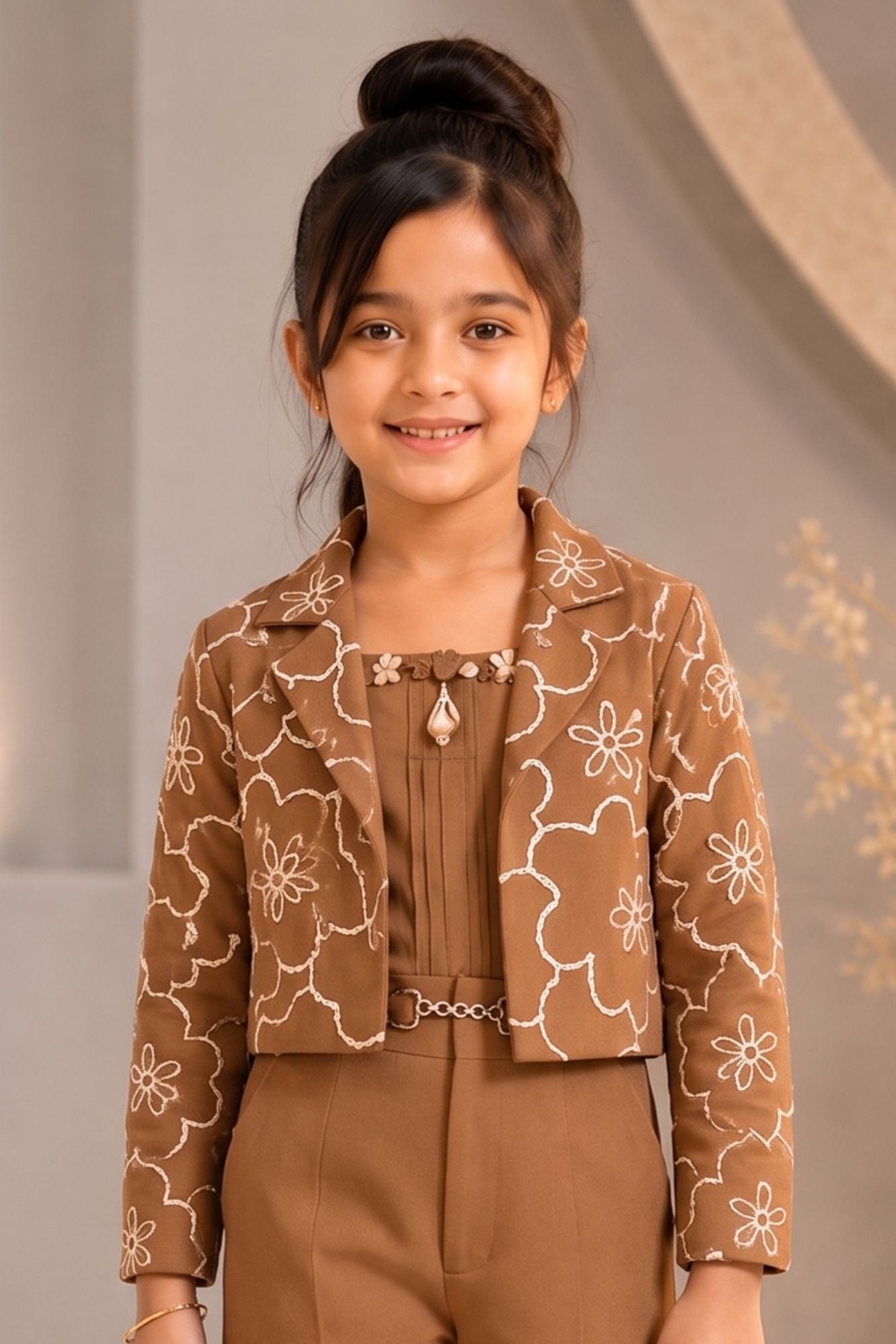 Mocha Embroidered Co-ord Set with Cropped Jacket For Girls