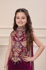 Wine Embroidered Palazzo Set For Girls