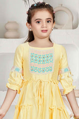 Lemon Yellow 3/4th Sleeves And Sequins Embroidered Dress For Girls