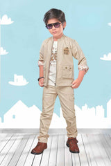 White Printed T Shirt With Fawn Pant And Reversible Jacket Set For Boys