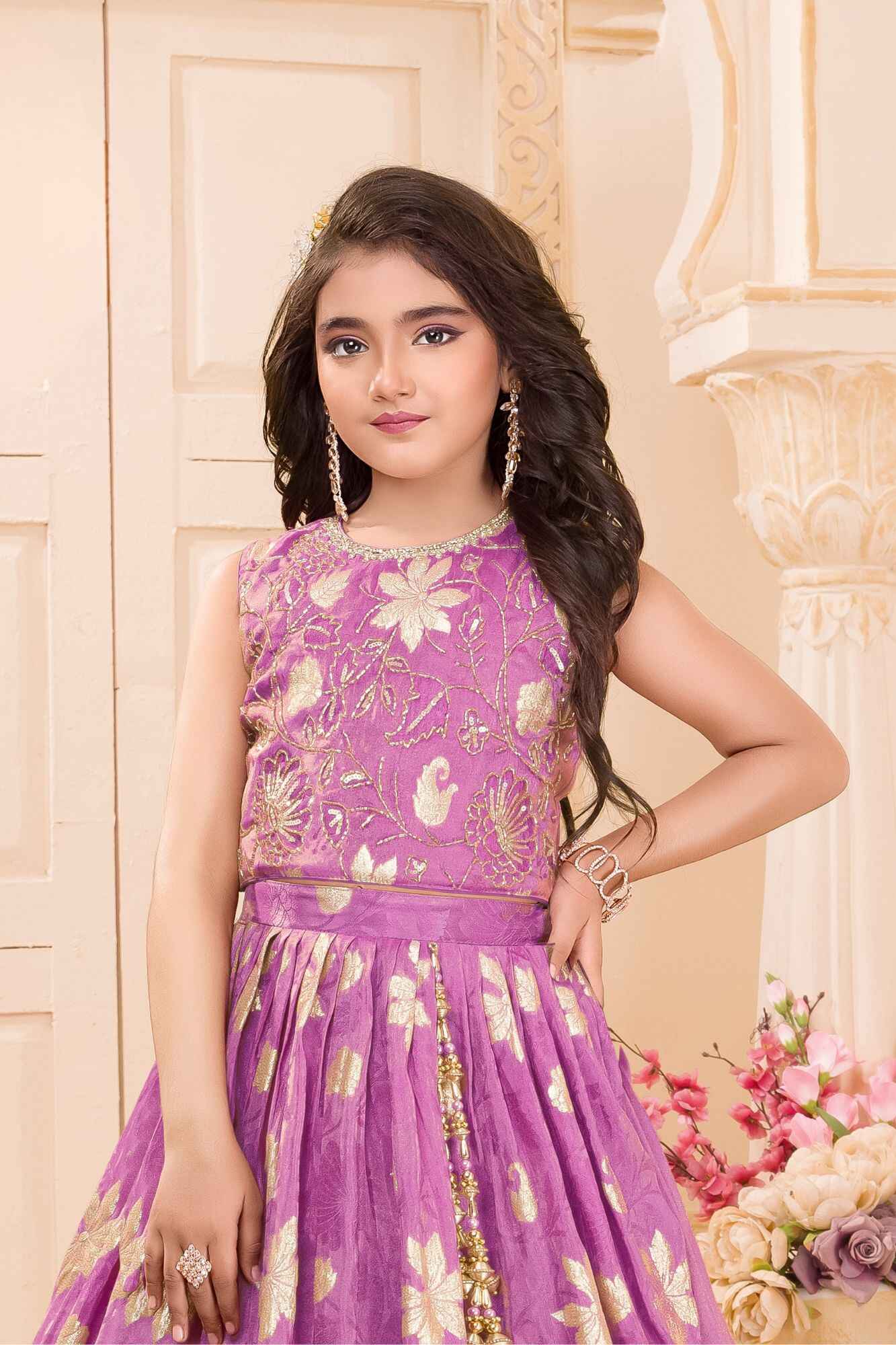 Lavender Silk Lehenga Choli with Gold Zari Motifs For Girls