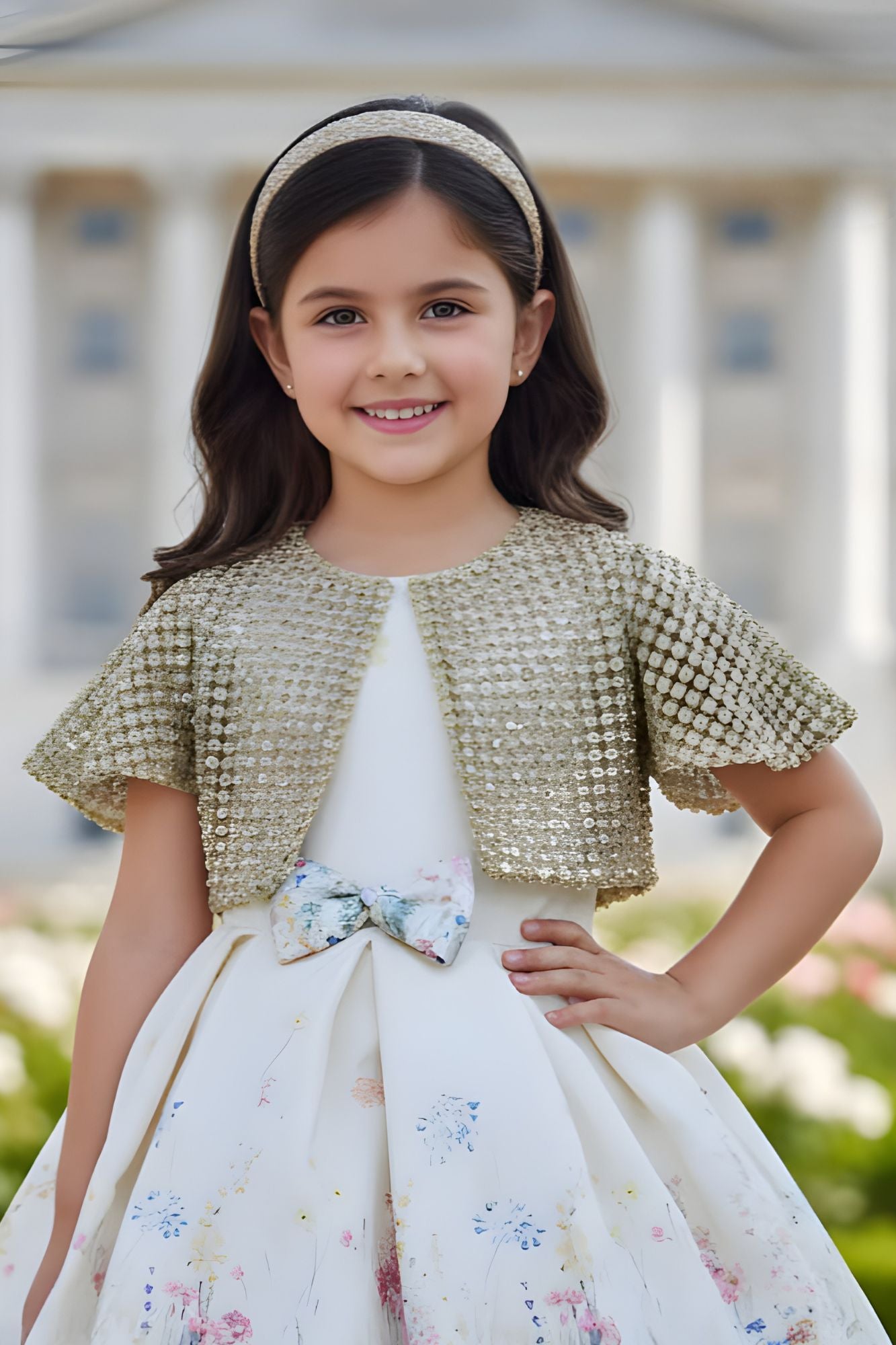 Ivory Floral Party Wear Frock with Golden Jacket And Bow Waist Accent For Girls