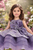 Lavender Layered Party Frock with 3D Floral Bow For Girls