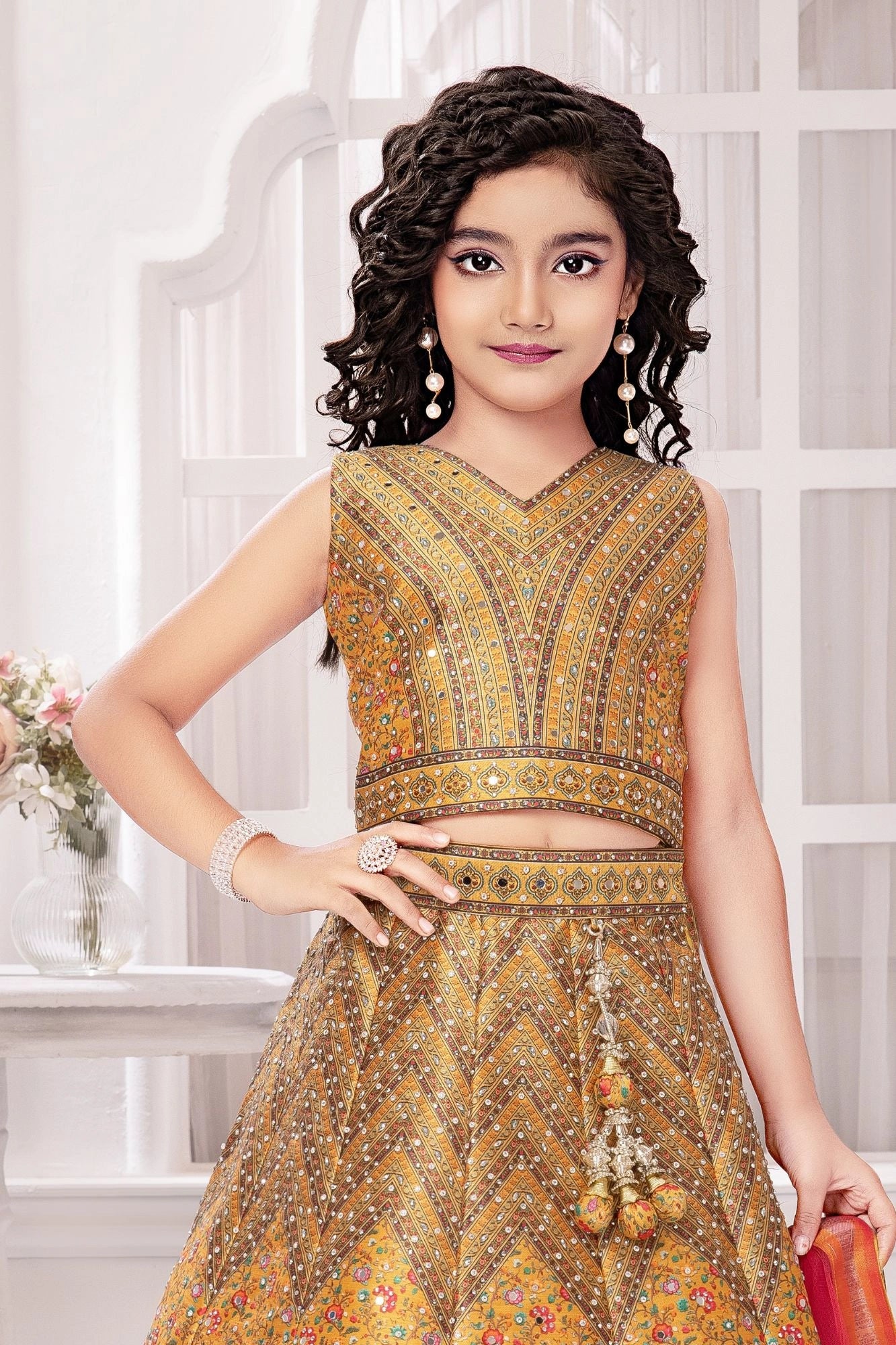 Golden Yellow Mirror Work Lehenga Choli with Dupatta For Girls