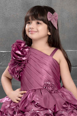 Wine Sequin Designer Party Frock With Flower Embellishments For Girls