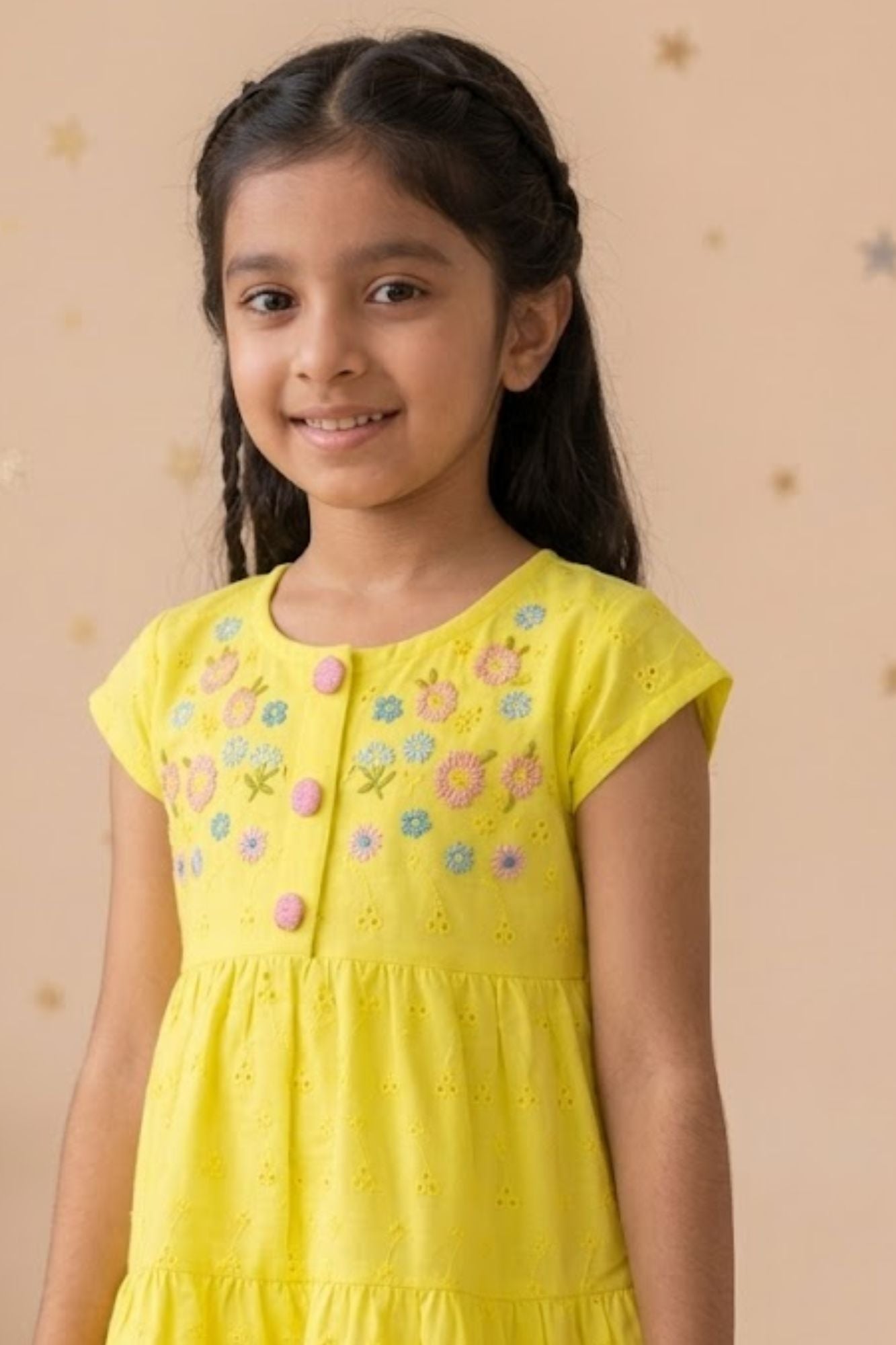 Elegant Yellow Hakoba And Embroidered Frock For Girls