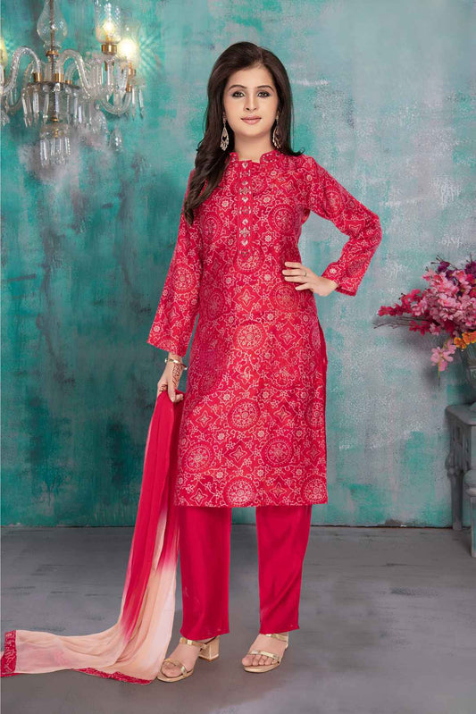 Red Mirror Work And Printed Ethnic Kurta Set For Girls